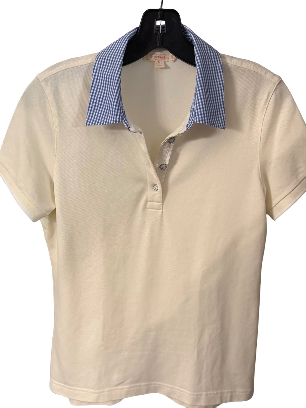 Brooks Brothers Womens Ivory Polo Shirt W/ Plaid Collar Accent Sz M NWOT